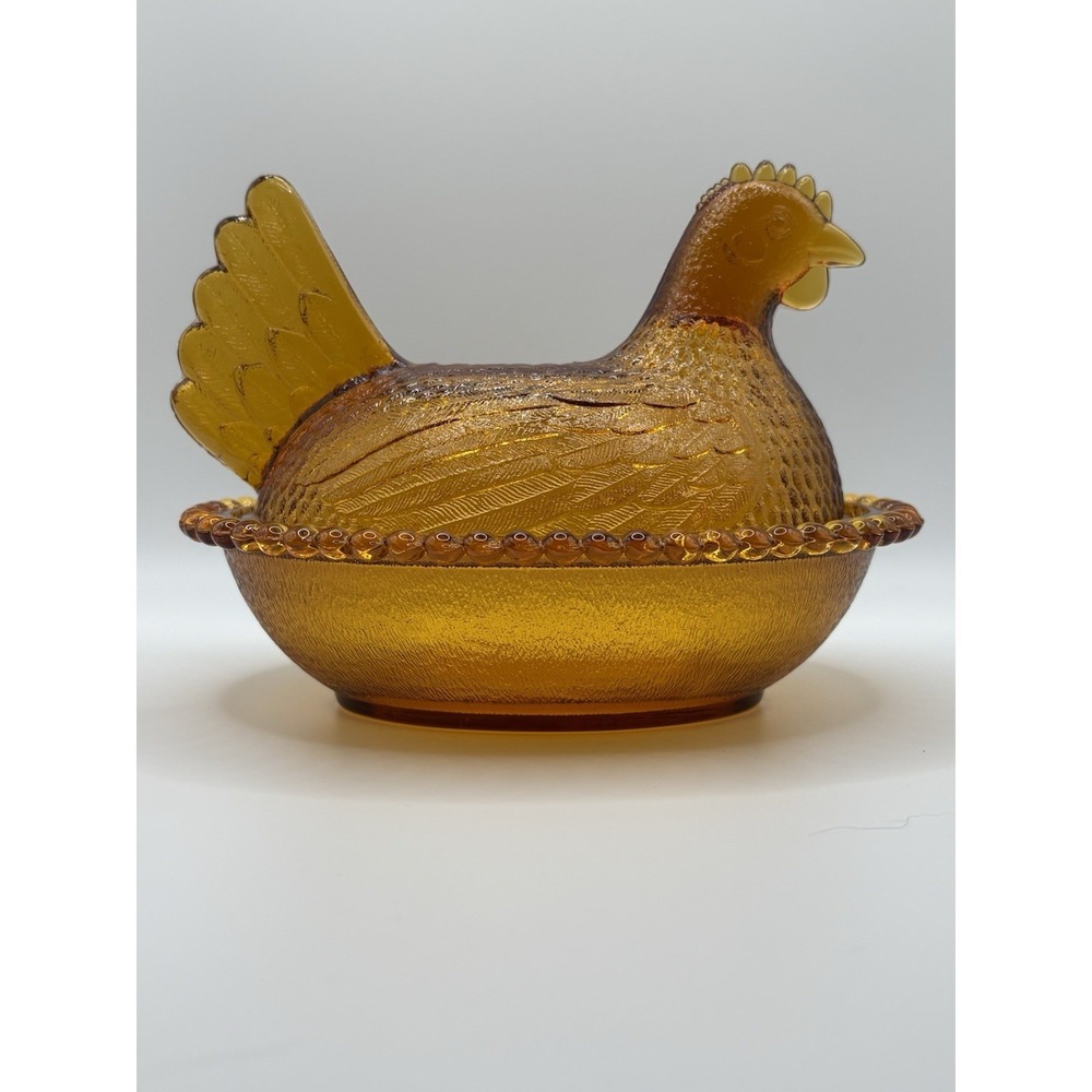 Indiana Glass Amber Hen on a Nest Large Oval 7" Long Covered Candy Dish EXC